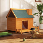 Wooden Dog House, Indoor Outdoor Pet Shelter with Platform, PVC Curtain, Door, Asphalt Roof, Pet House for Small to Medium Sized Dogs, Orange