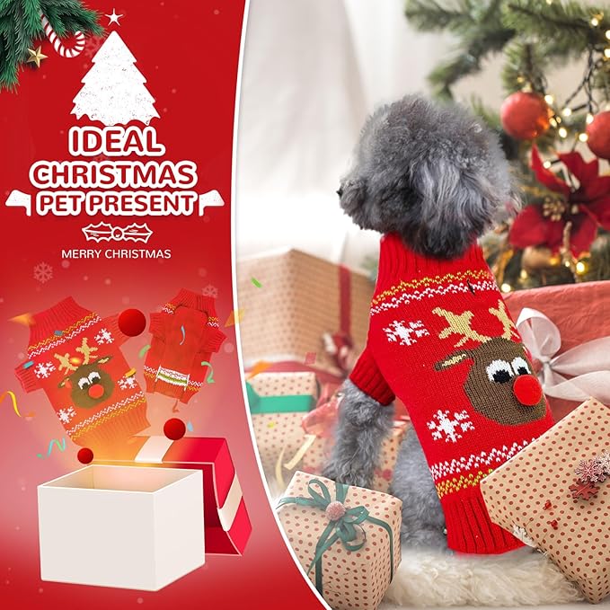 PETCARE Dog Christmas Sweater Red Ugly Funny Cute Cartoon Reindeer Cat Sweaters Jumper Holiday Dog Clothes Puppy Sweaters for Small Medium Large Dogs Fall Winter Outfits Xmas Dogs Costume,XX-Small
