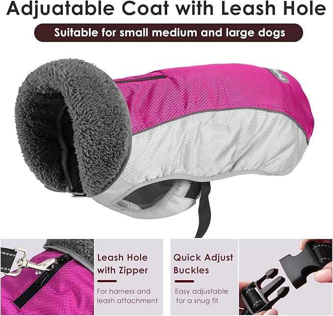 Dog Coat, Waterproof Ripstop Dog Winter Jacket with Leash Hole, Reflective Adjustable Warm Pet Fleece Snow Sweater for Small Medium Large Dogs - Rosy Red, S