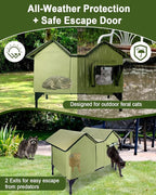 Extra Wide Large Cat Houses for Outdoor Cats Weatherproof, Elevated Waterproof Outdoor Cat House, Outside Stray Cat Shelter for Multiple Cats Small Dogs (Green, Unheated)