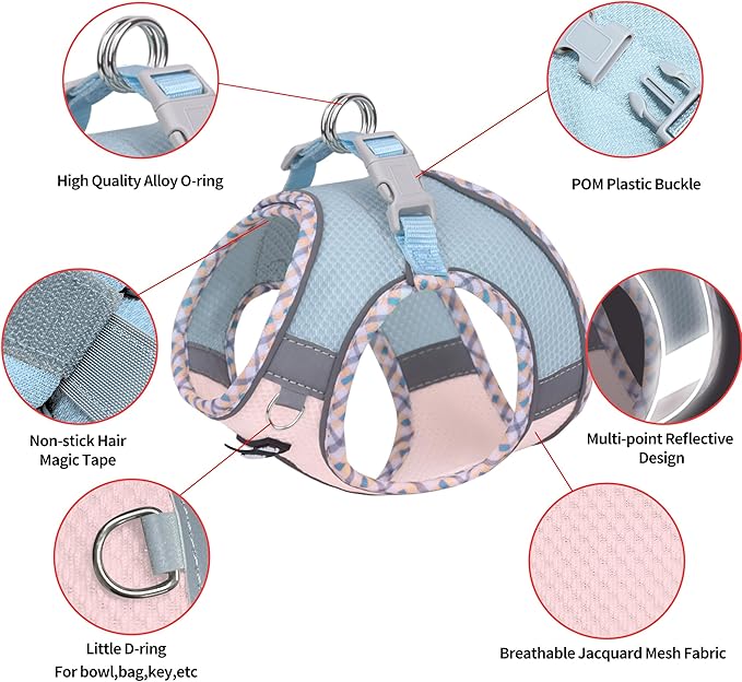 AIITLE Tiny Dog Harness - Lightweight Mesh Step-in Vest for Puppy, Reflective & Escape-Proof Design with High-Stick Magic Tape - Indoor/Outdoor Use for Chihuahua, Maltese, Shih Tzu(Blue-Pink, XXXS)