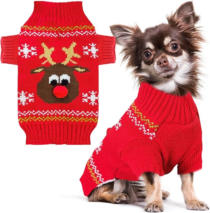 PETCARE Dog Christmas Sweater Red Ugly Funny Cute Cartoon Reindeer Cat Sweaters Jumper Holiday Dog Clothes Puppy Sweaters for Small Medium Large Dogs Fall Winter Outfits Xmas Dogs Costume,XX-Small