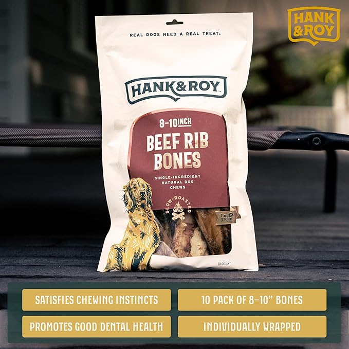 Hank & Roy All-Natural, Single-Ingredient 8-10” Beef Rib Bones for Dogs, Long Lasting, Engaging Dog Bones, Individually Wrapped for Odor Control and Freshness