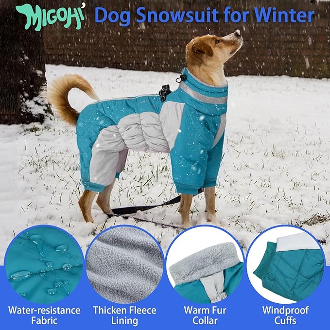 MIGOHI Full Body Dog Coat - Warm Reflective Large Dog Winter Coat with Harness,Turtleneck Fleece Jacket for Dogs,Four-Leg Windproof Puffer Jackets Snowsuit with Zipper for Small Medium Large Dogs,2XL