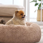 Bedsure Calming Dog Bed for Small Medium Dogs - Donut Washable Medium Puppy Bed, 27 inches Anti-Slip Round Fluffy Plush Faux Fur Pet Bed, Camel