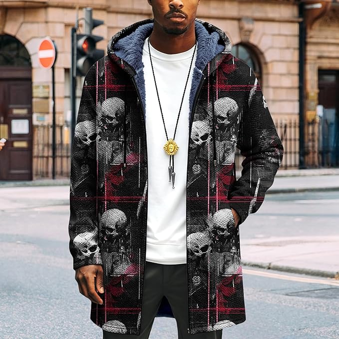 LIZALIG Long Hooded Cardigan Men Japanese Art Style Fashion Cool Graphic Coats Winter Warm Lined Fleece Jacket