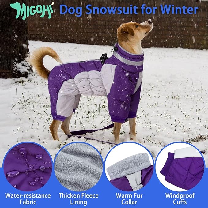 MIGOHI Full Body Dog Coat - Warm Reflective Large Dog Winter Coat with Harness,Turtleneck Fleece Jacket for Dogs,Four-Leg Windproof Puffer Jackets Snowsuit with Zipper for Small Medium Large Dogs,2XL