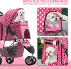 Magshion 3-Wheel Pet Stroller, Foldable Travel Jogger for Small & Medium Dogs & Cats (Up to 33lbs), Lightweight Carrier with Breathable Mesh Cover, Cup Holder & Storage Basket, Hot Pink Polka Dots
