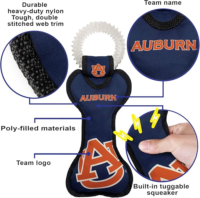 Pets First NCAA Auburn Tigers Dental Dog TUG Toy with Squeaker. Tough PET Toy for Healthy Fun, Teething & Cleaning Pets Teeth & Gum