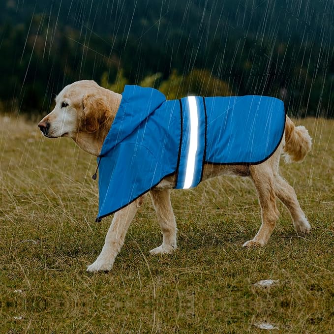 Adjustable Dog Raincoat with Hood - Waterproof Lightweight Slicker Poncho, Safety Dog Rain Jacket with Reflective Strip and Leash Hole for Small, Medium, Large Dogs (X-Large, Blue)