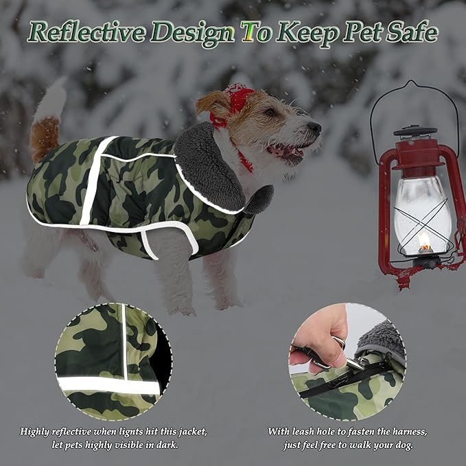 Dogcheer Warm Dog Coat, Waterproof Dog Jacket Reflective Adjustable Puppy Winter Coat with Buckle, Christmas Pet Snow Jacket Turtleneck Fleece Sweater for Small Medium Large Dogs- Camo Green, XL