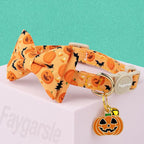 Faygarsle 2 Pack Halloween Cat Collar with Bow Tie and Bell, Breakaway Safety Buckle, Purple Skull Bat and Orange Pumpkin Pattern