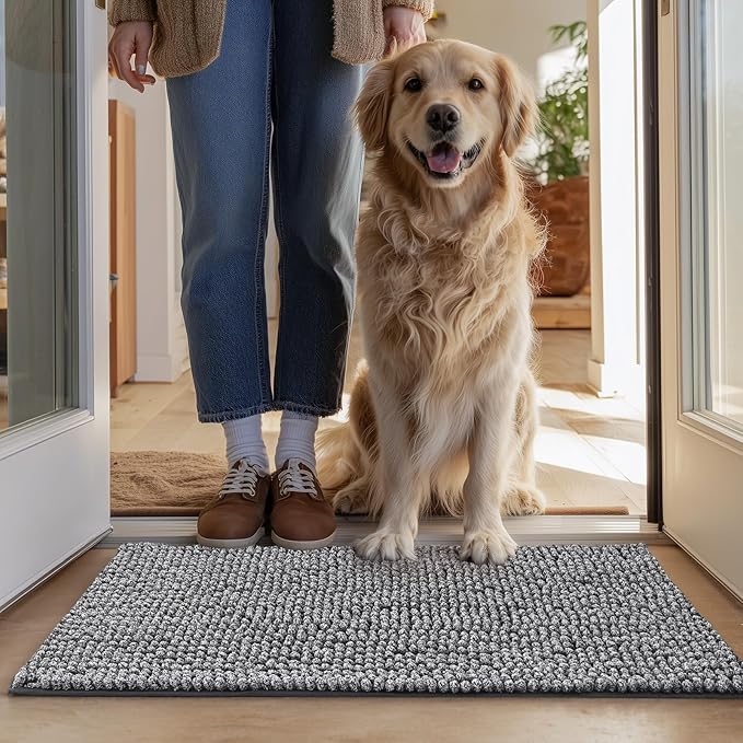 EHEYCIGA Super Absorbent Dog Door Mat for Muddy Paws 60x36 Inch Indoor, Front Doormat Outside Entrance, Quick Dry Chenille Washable Dog Crate Bed, Non-Slip Pet Rug Mud Mat Outdoor Entryway, Grey