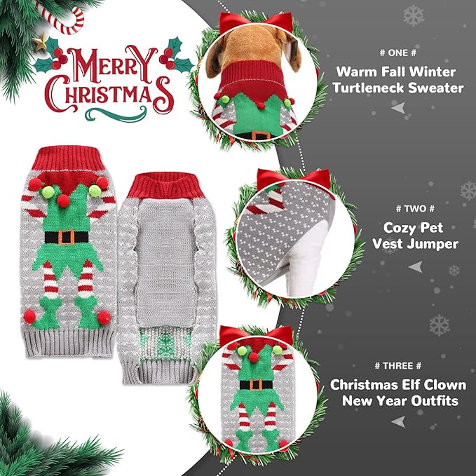 PETCARE Dog Christmas Sweater Ugly Elf Clown Cat Sweater Vest Pet Jumper Grey Green Holiday Dog Clothes Puppy Sweaters for Small Medium Large Dogs Cats Fall Winter Outfits Xmas Dogs Costume,Large