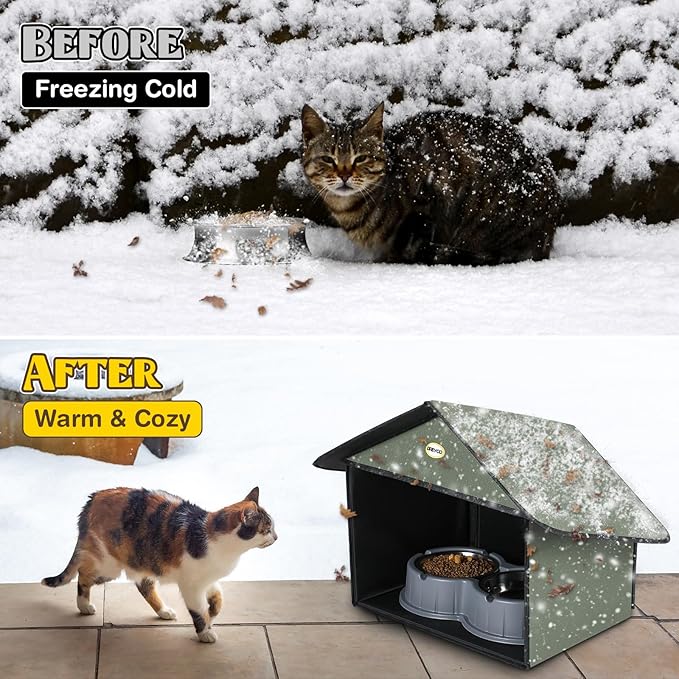 Dreyoo 2 Pack Outdoor Cat Feeding Station for Food & Water, Weatherproof Outdoor Kitty Dining Room Cat Shelter for Stray, Feral Cats and Community Cats, 13”d x 17”w x 15.5'h (Dark Green)