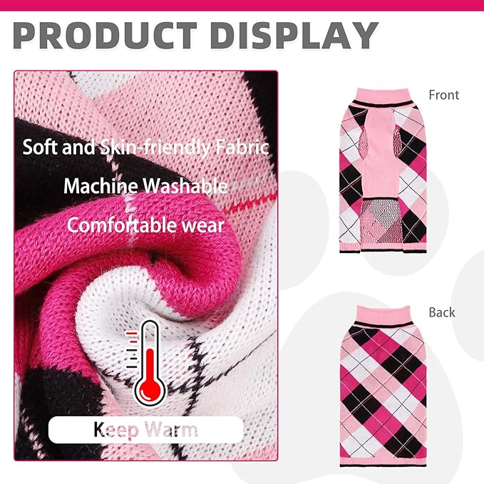 KOOLTAIL Dog Sweater Pet Knitted Clothes - Classic Plaid Pull Over Turtleneck Dog Sweaters with Leash Hole Warm Dogs Winter Clothing for Small Medium Dogs Cats Puppy M