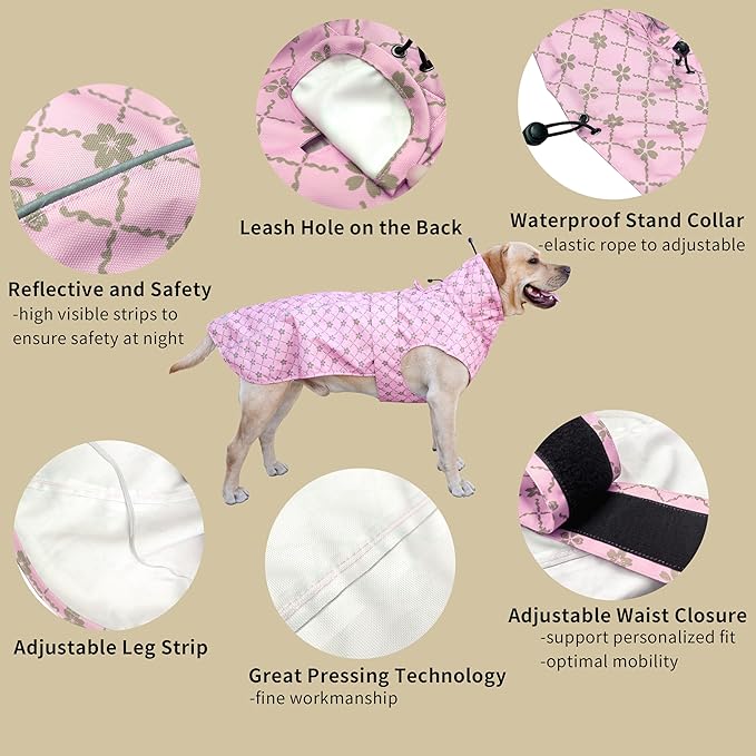 Adjustable Waterproof Dog Raincoat for Dogs,Lightweight Pet Rain Jacket Puppy Clothes with Reflective Strip for Small Medium Large Dogs(XX-Large,Gold Cheery Blossoms Pink)