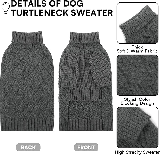 KOESON Small Dog Sweater Female and Male, Cable Knit Dog Sweaters with Sleeves, Easy On Halloween Sweaters for Dachshund, Chihuahua, Pug, Yorkie, Warm Winter and Fall Apparel for Small Dogs, Grey, S