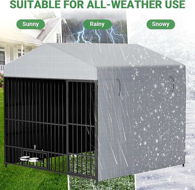 6.6 x 6.6 x 6.4 ft Outdoor Dog Kennels - Outside Dog Run Kennel with Waterproof Roof, Heavy Duty Outdoor Dog Enclosure with Rotating Feeding Bowls