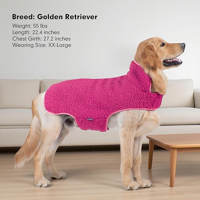 cyeollo Warm Dog Coat Sherpa Dog Winter Coat, Reversible Fleece Dogs Jackets Sweater Vest for Small Medium Dogs Male with Leash Hole, Soft Cold Weather Pet Clothes, Fuchsia XL