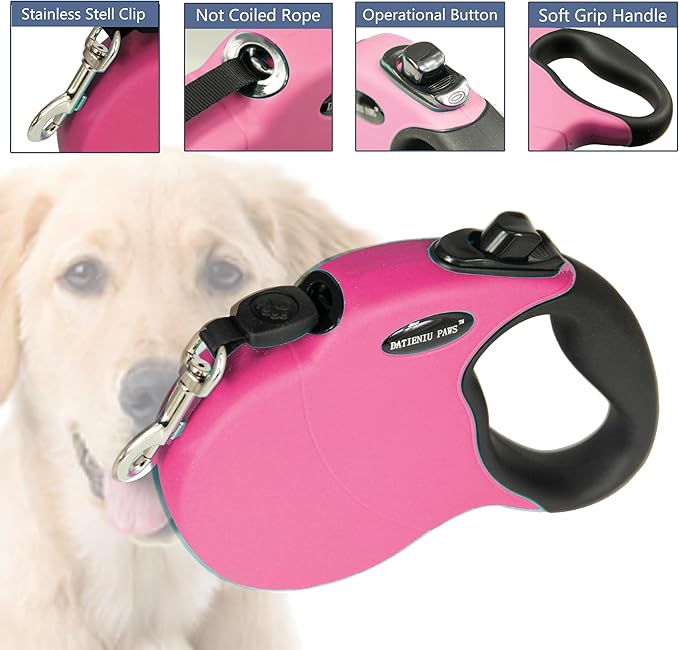 Retractable Dog Leash Hands-Free Adjustable Length 13ft with Safety Lock Durable Nylon Belt for Small Medium Large Dogs Easy Walk Training Portable Dog Leash Pink S