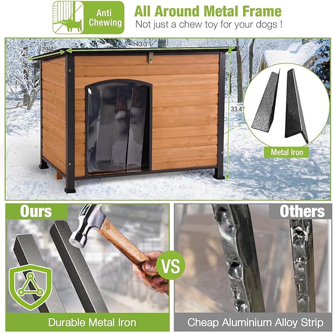 GUTINNEEN Heated Dog House Outdoor 43.3" Large Dog Kennel with Metal Frame Insulated Dog Crate Cage for Large Dogs Outside with Heater and Insulated Liner, Brown