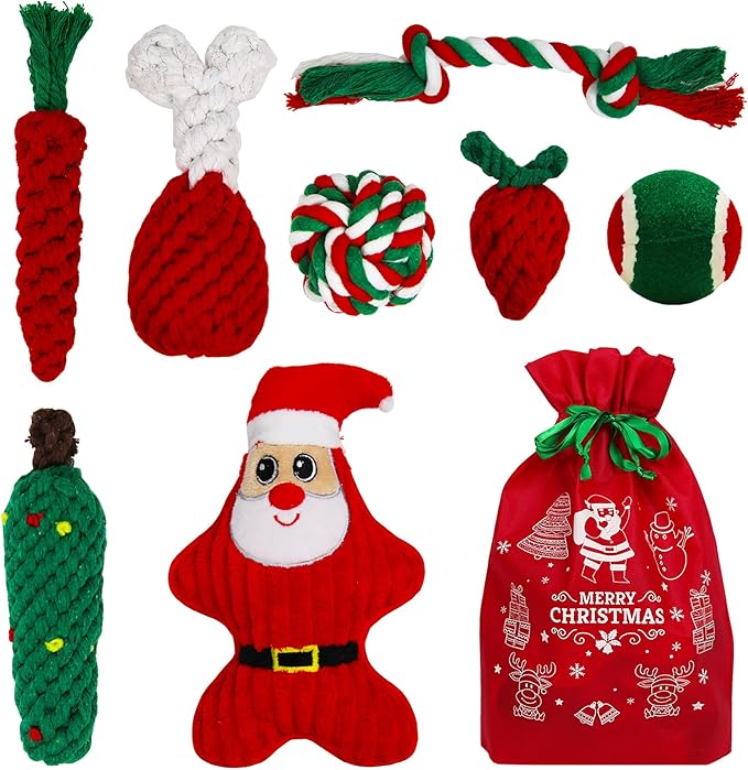 8 Pieces Christmas Dog Chew Toys, Santa Puppy Teething Chew Toys with Adorable Squeaky Toys, Training Ball, Christmas Storage Bag