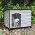 Dog House Outdoor Dog House for Small Medium Large Dogs, Natural Wood with Iron Frame, Waterproof Roof Raised Feet (43.3" L-White)