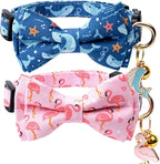 2 Pack Cotton Cat Collar with Bow Tie and Bell for Girl Boy Cats,Cute Pink Flamingo and Blue Whale Pattern Spring Summer Breakaway Cat Collar for Male Female Cats (Flamingo&Whale)