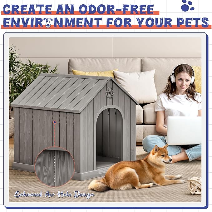 Dog House Outdoor Indoor, Plastic Small Dog House-Weatherproof & Insulated Design with Air Vents & Elevated Floor for Small to Medium Dogs, Easy Clean and Assemble (Grey)