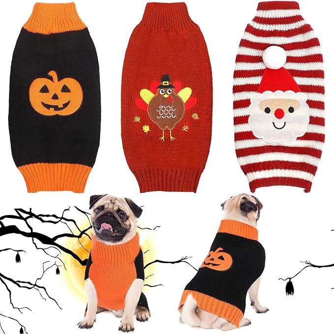 Sanwuta 3 Pieces Halloween Thanksgiving Christmas Dog Sweaters Sets Pumpkin Turkey Santa Puppy Dog Clothes Pet Knitwear for Dog Cat Pet Costume(X-Large)