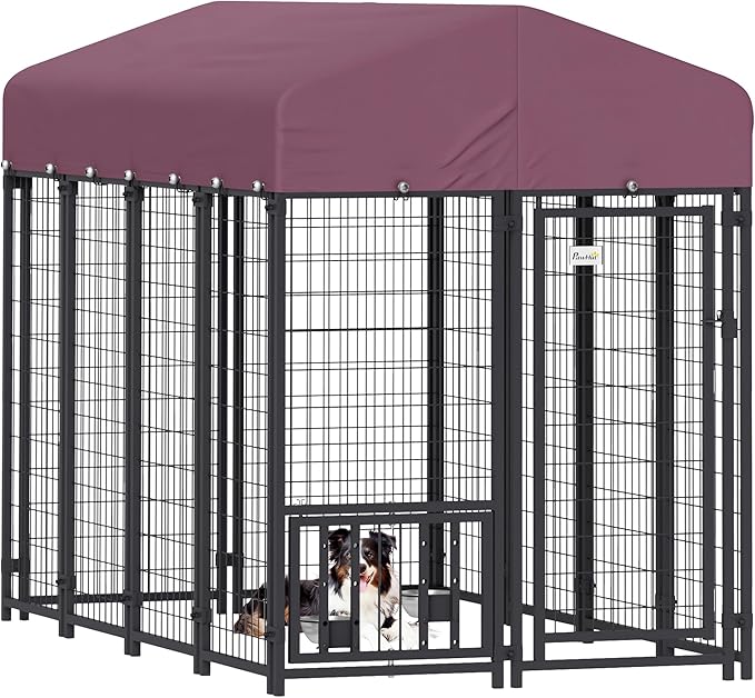 PawHut 8' x 4' x 6' Outdoor Dog Kennel, Welded Wire Dog Kennel Outside Run with 360° Rotating & 4 Level Adjustable Bowls, Waterproof & UV Resistant Cover, for S&M&L Breeds, Chickens, Ducks, Red