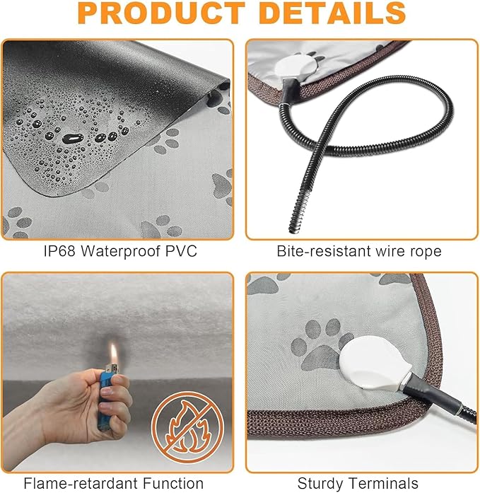Bestio Dog Heating Pad 28×18 in Upgraded Smart Switch, Added Constant On Function UL&MET Dual Certification Waterproof Heated Dog Cat Bed Anti-bite Wire Rope and Washable Cover - Grey