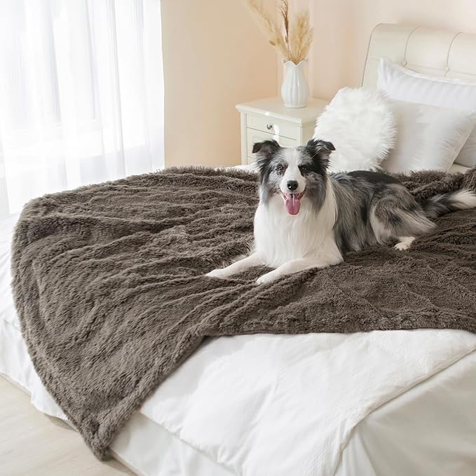 gogobunny Waterproof Dog Blanket for Large Dogs, Cats, Puppy, Reversible Faux Fur Pet Throw Blanket, Washable, Calming Furniture Protection for Sofa Bed (60x80 Inch (Pack of 1), Stone)