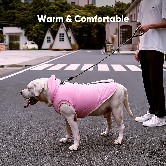 Fleece Lining Dog Hoodie with Harness Built in,Extra Warm Large Dog Jacket in Winter Doggie Coats with Hooded,Light Pink XXL
