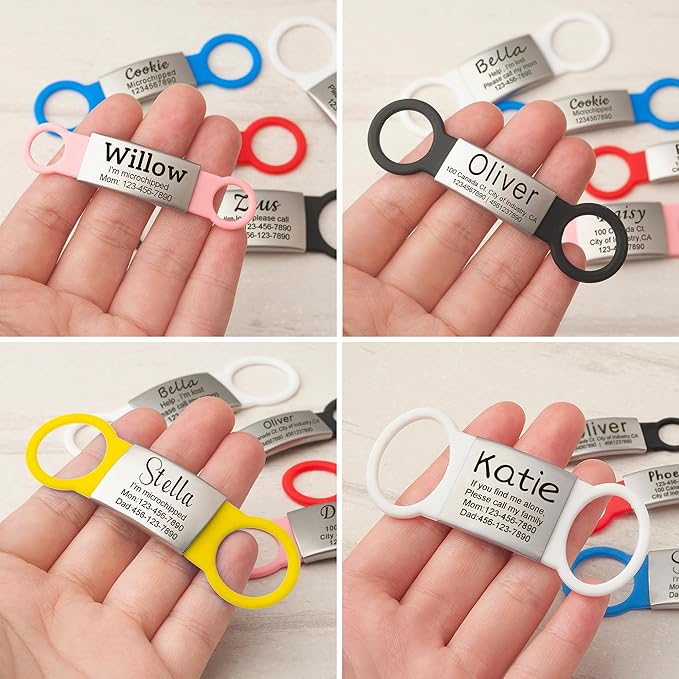 Anavia Slide On Silent Pet ID Tags, S/M/L/XL Personalized Multi-Color Silicone Band Cat Dog Name Tags, Customized Engraved Stainless Steel, Chew-Proof Quiet Dog Collar Tags (Large, Red)
