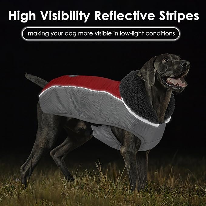 Dog Coat, Waterproof Ripstop Dog Winter Jacket with Leash Hole, Reflective Adjustable Warm Pet Fleece Snow Sweater for Small Medium Large Dogs - Red, 2XL