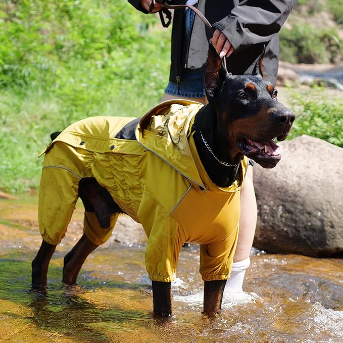 LOVELONGLONG Waterproof Dog Raincoat with Removable Hood – Outdoor Full Body Dog Jacket, Windproof Snowproof Shell Suit – All Season Pet Rain Gear Mustard Yellow 3XL