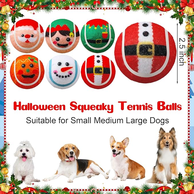 Civaner 6 Pcs Christmas Squeaky Tennis Balls for Dogs 2.5 Inch Bulk Dog Toys Ball for Small Medium Large Dogs Puppy Chew Teething Toy Interactive Training Xmas Gifts Stocking Stuffers (Santa)