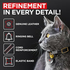 WAUDOG Ultra Soft Rolled Leather Cat Collar with Removable Bell, Safety Elastic Strap and QR ID Tag - Soft Padded for Small, Medium, and Large Cats - Round Kitten Collar for Male and Female Cats