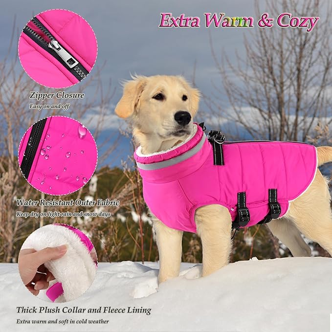Dogcheer Dog Coat, Waterproof Dog Jacket with Harness, Reflective Adjustable Puppy Winter Coat with Zipper, Christmas Snow Jacket Clothes for Small Medium Large Dogs - Pink 2XL