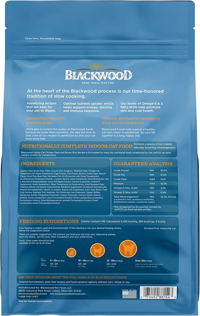 Blackwood Dry Cat Food, Indoor Formula, Chicken Meal & Brown Rice Recipe, 13.2 Pound Bag, High Protein, Slow Cooked