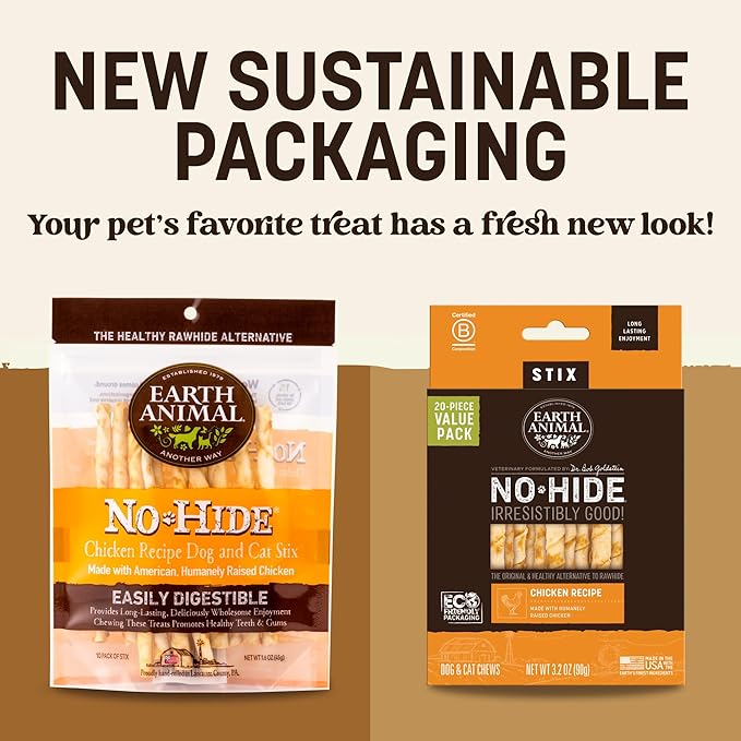 Earth Animal No Hide Stix - Long Lasting Rawhide Free Small Dog Chews Sticks, Chicken - 40 Count Extra Value Pack
