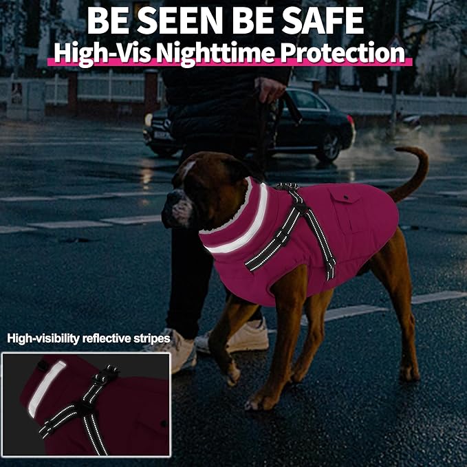 Dogcheer Dog Coat with Harness, Waterproof Warm Dog Winter Jacket with Pockets, Reflective Pet Fleece Jacket Turtleneck Snowsuit for Small Medium Large Dogs - Pink, S