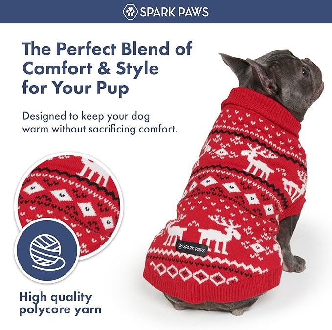 Spark Paws Christmas Dog Sweater – Ultra Soft Holiday Knit Sweater for Small, Medium & Large Dogs, Cute Pet Sweater for French Bulldogs & Big Dogs, Easy Potty V Cut Design Jacket - (Dasher Red,4XL)