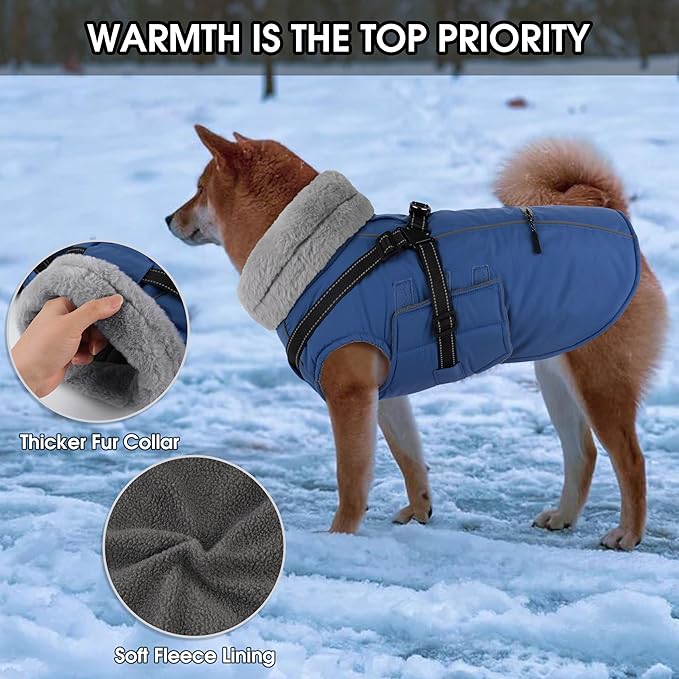 PETDSH Dog Coat Small, Built-in Harness Dog Jacket with Warm Fleece Lining, Waterproof Reflective Dogs Winter Coat, Pet Coats with Pocket and Trash Bags (Navy Blue, Small)