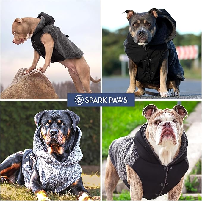Spark Paws Reversible Dog Sweater, Sherpa Vest with Warm Fleece Lining, Warm Coat for Winter, Suitable for Small Medium, Large, XL XXL Dogs - Black and Grey - L