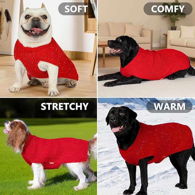 KYEESE Dog Christmas Sweater for Large Dogs with Leash Hole Warm Pullover with Reflective Yarn Male Thick Stretchy Knitwear Winter Soft Pet Coat boy Cold Weather Comfy Dog Sweaters,Red, XX-Large
