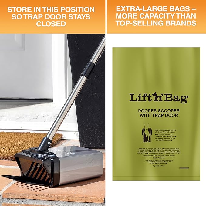 Neater Pet Brands Lift N’ Bag 2.0 Dog Pooper Scooper with Bag Attachment & 27" Pole for Small to Large Dogs, New & Improved Design, 60 Refill Bags, Heavy Duty Dog Poop Scooper for Yard, One-Hand Use
