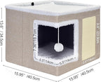 petizer Cat Bed for Indoor Cats, Large Covered Cat House with Scratch Pad, Foldable Cat Cave Bed & Hideaway Cube with Reversible Cushions, Cute Cat Condo for Multi Small Pet Kitten (Khaki)